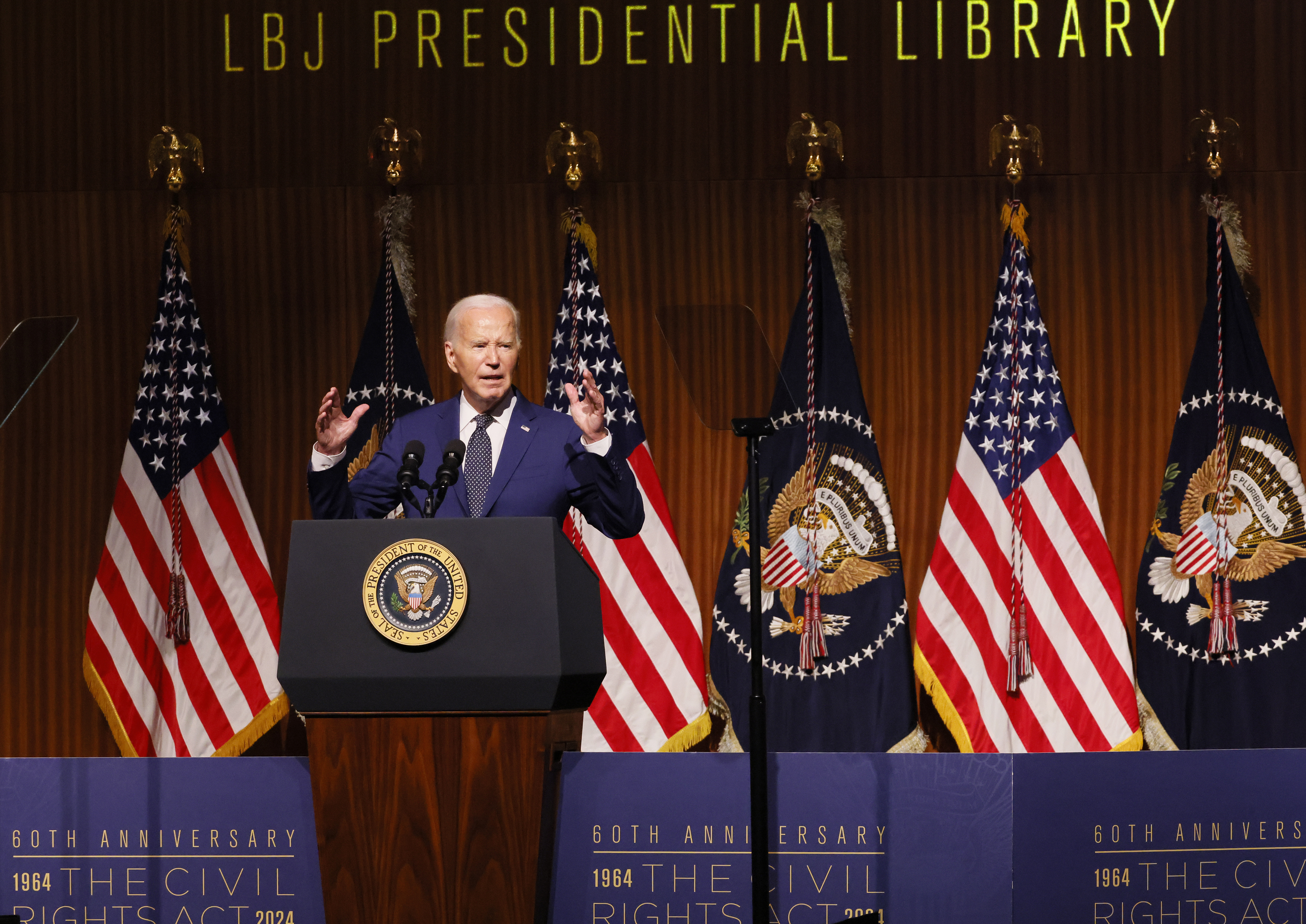 President Joe Biden delivers the keynote address to commemorate the 60th Anniversary of the Civil Rights Act at the LBJ Presidential Library on Monday, July 29, 2024.