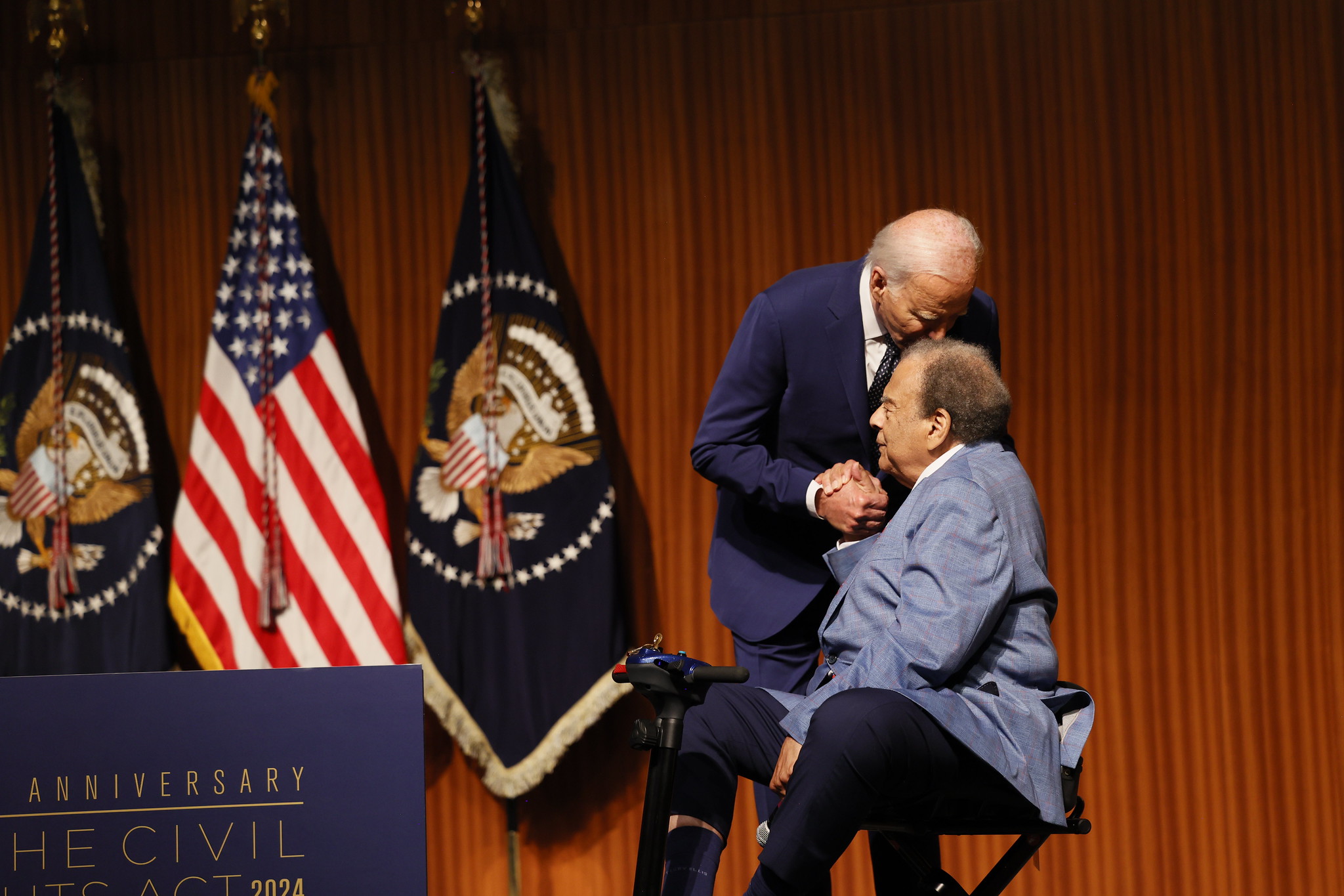 Ambassador Andrew Young, seated, introduced President Joe Biden on Monday, July 29, 2024 at the LBJ Presidential Library in Austin, Texas.