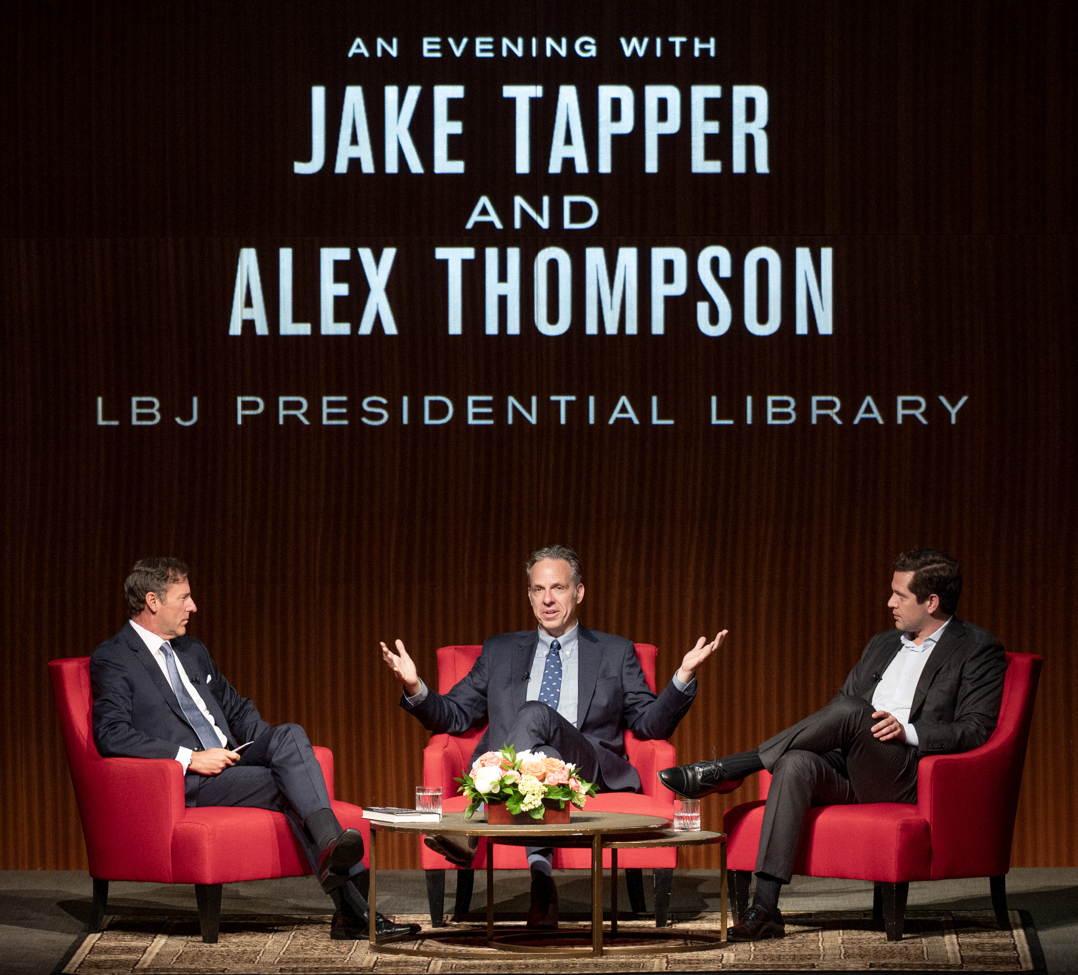 (L-R) Mark Updegrove, Jake Tapper and Alex Thompson. LBJ Library photo by Jay Godwin