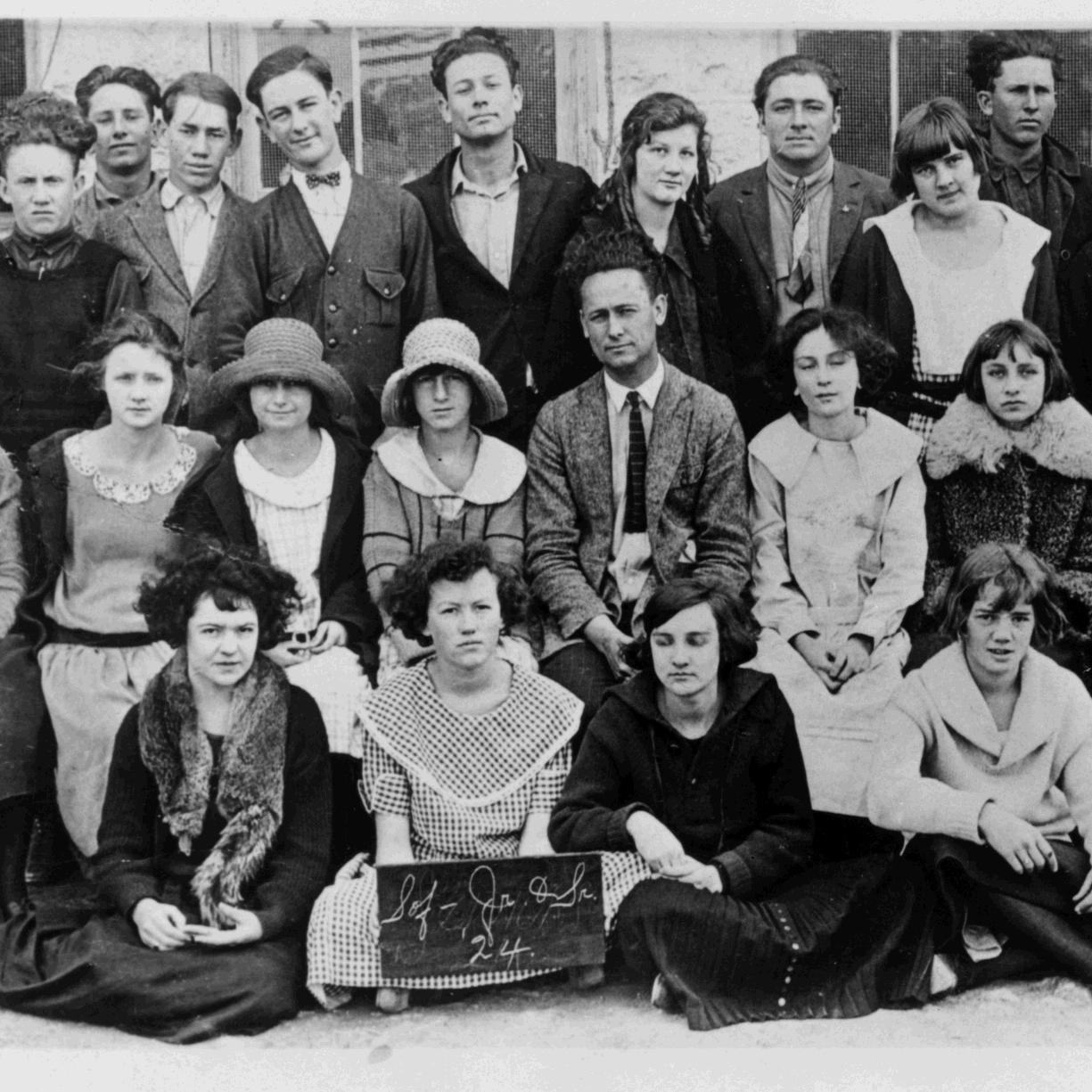 A group photo of LBJ with his Johnson City High School class. LBJ is standing in the top row.