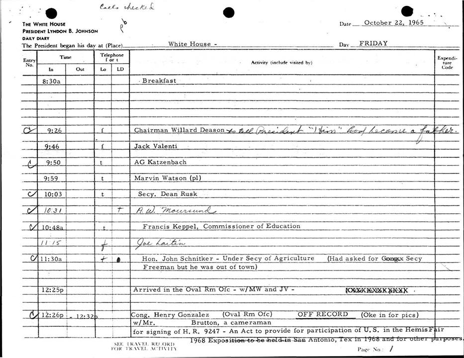 President Lyndon B. Johnson's daily diary from signing day.