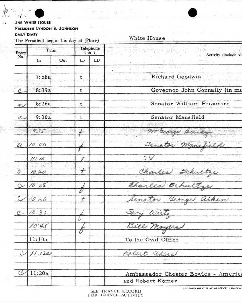 President's Daily Diary, July 30, 1965.