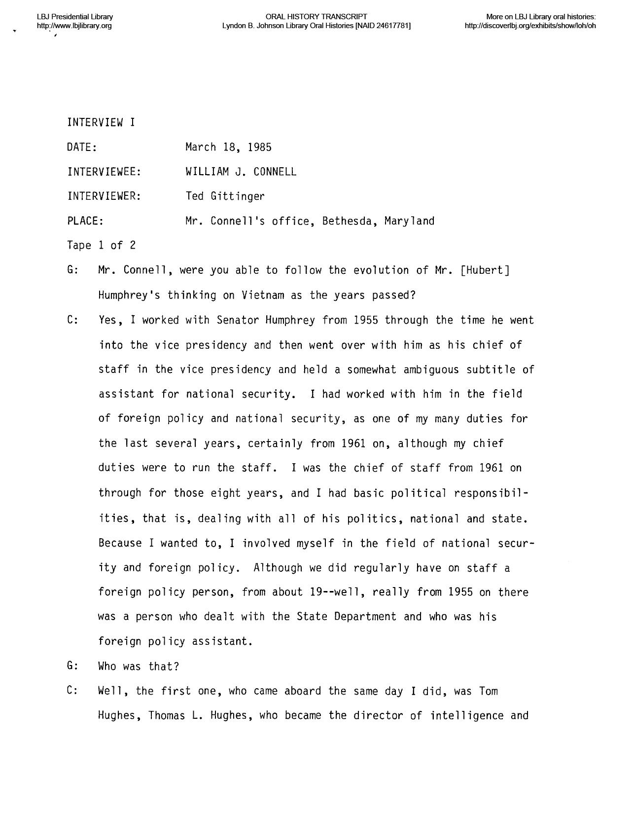 Oral history transcript, William J. Connell, interview 1 (I), 3/18/1985, by Ted Gittinger