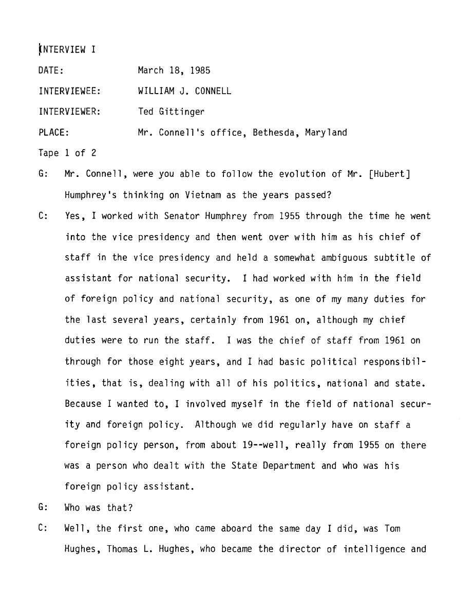 Oral history transcript, William J. Connell, interview 1 (I), 3/18/1985, by Ted Gittinger