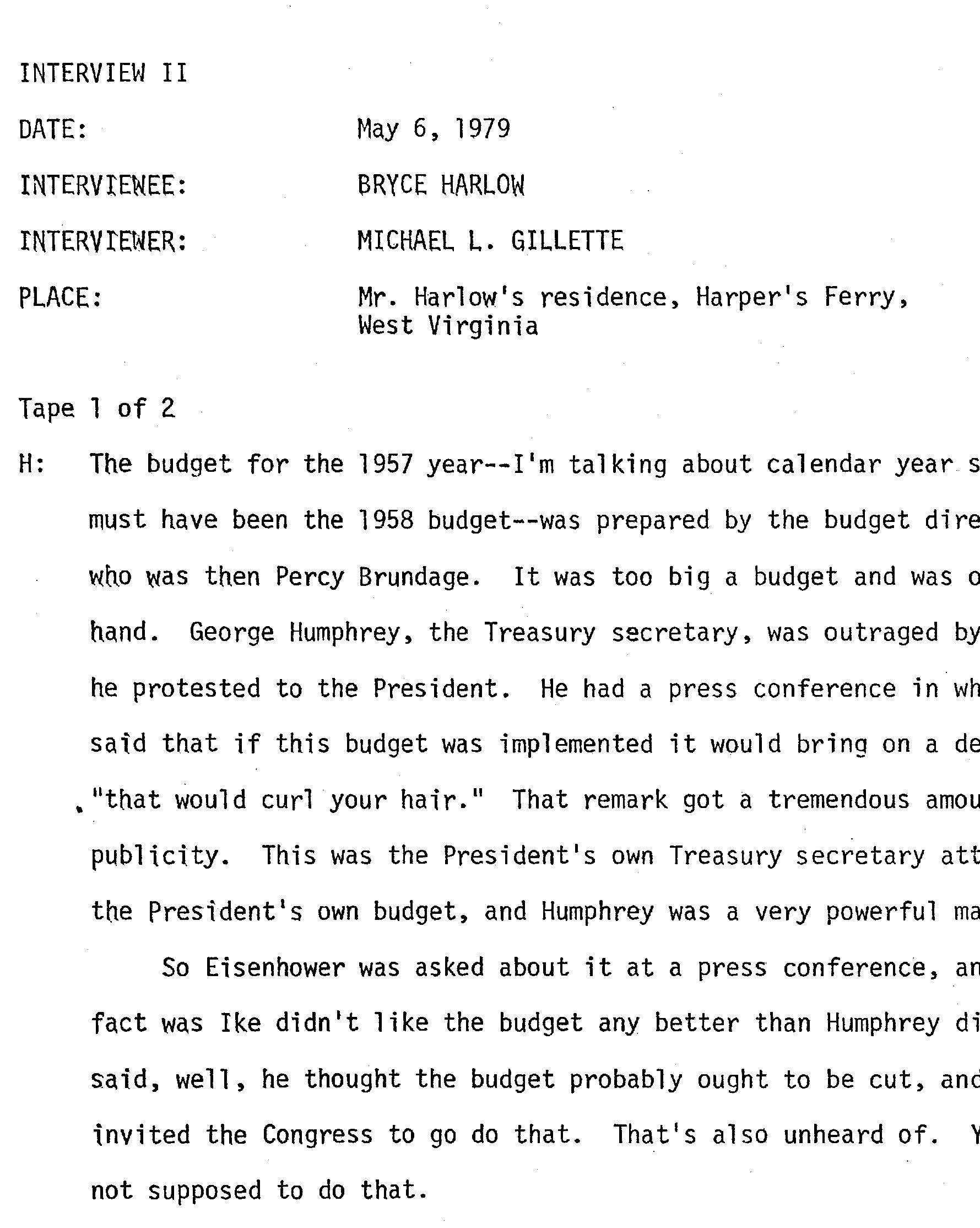 Oral history transcript, Bryce N. Harlow, interview 2 (II), 5/6/1979, by Michael L. Gillette