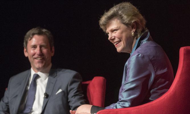 (L-R) Mark Updegrove and Cokie Roberts. LBJ Library photo by Jay Godwin #DIG14022_092.