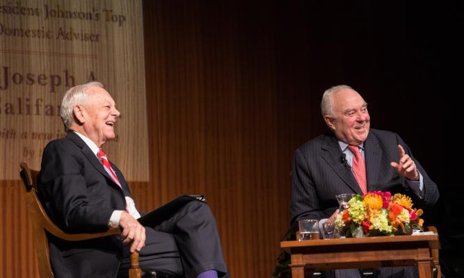 Bob Schieffer and Joseph Califano, Jr. LBJ Library photo by Jay Godwin.