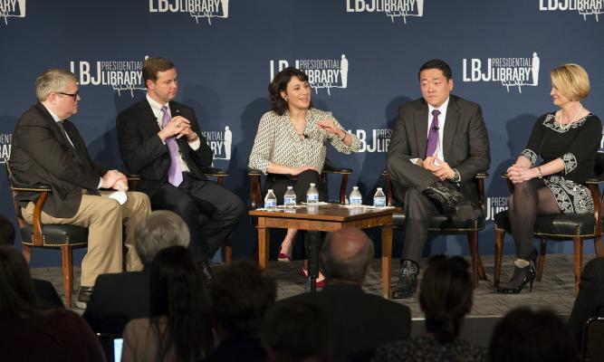 (L-R) Ben Philpott, left, Rep. Trent Ashby, Rep. Gina Hinojosa, Rep. Gene Wu and Sen. Dawn Buckingham. LBJ Library photo by Jay Godwin #DIG14017_044.