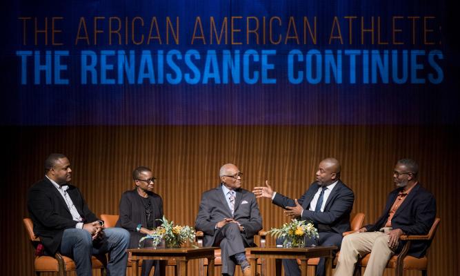 (L-R) Cory Redding, Kathleen McElroy, Herbert Douglas, Jr., Leonard Moore and Louis Harrison. LBJ Library photo by Jay Godwin #DIG14233-099.