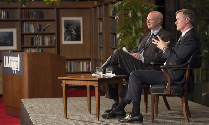 (L-R) William Inboden and Chancellor McRaven at the LBJ Library. LBJ Library photo by Jay Godwin #DIG14042_073.
