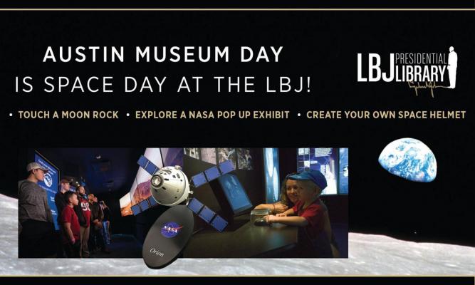 View of earth from the moon and inserts of museum-goers for Austin Museum Day header at LBJ Library