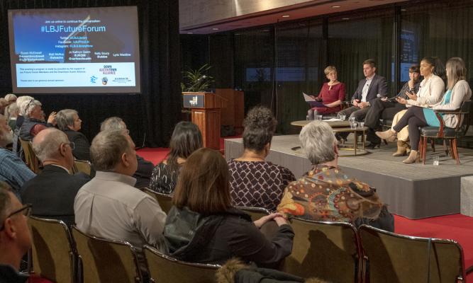 (L-R) Jo Kathryn Quinn, Matthew Mollica, Susan McDowell, Lyric Wardlow, and Kelly Soucy. LBJ Library photo by Jay Godwin.