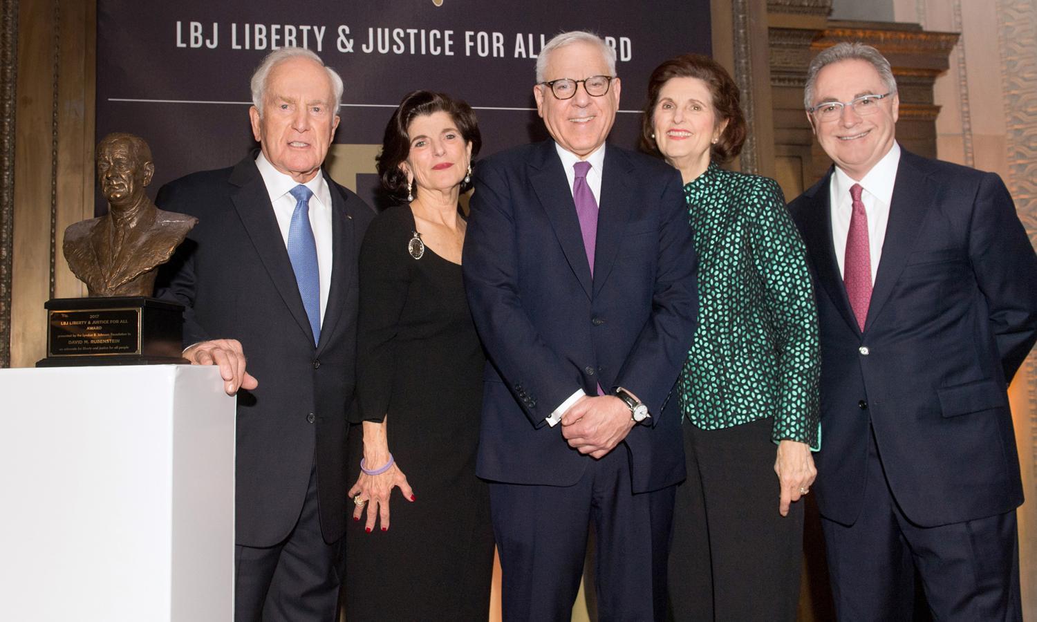 Lloyd Hand, Luci Baines Johnson, David Rubenstein, Lynda Johnson Robb, and Cappy McGarr on stage at the LBJ Liberty & Justice for All Award program.