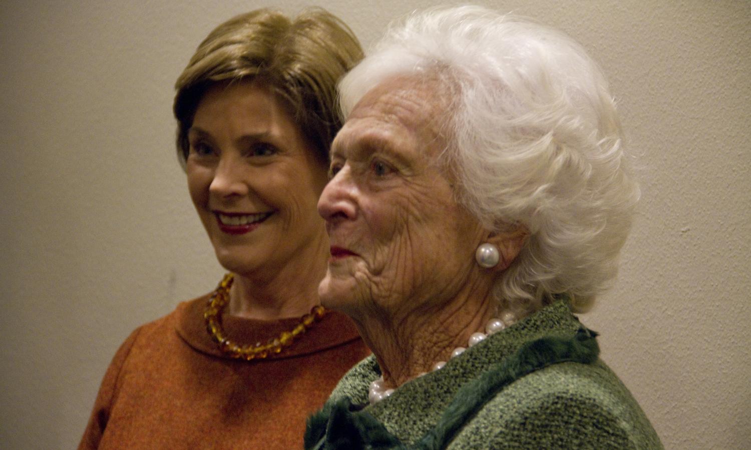 Laura Bush and Barbara Bush at the LBJ Library for a program on First Ladies.